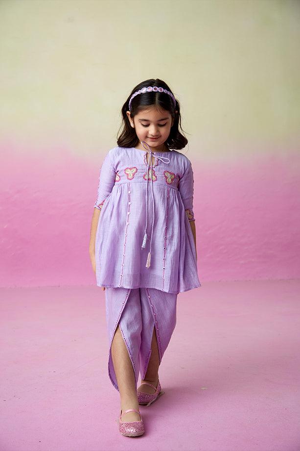 Whimsical Butterfly- Digital Lavender Hand Embroidered Kurta-Tulip Pants Set for Girls - Totdot