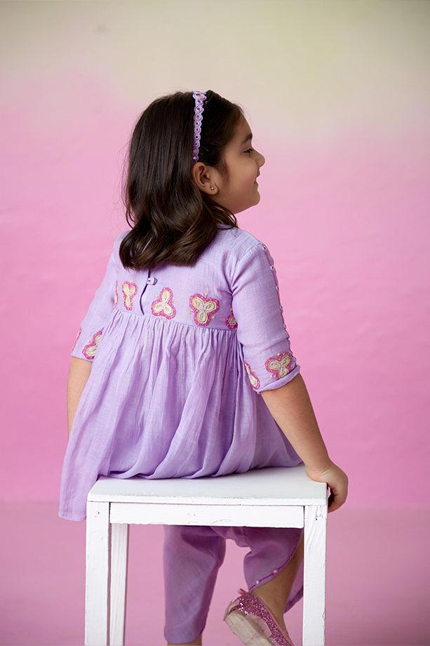 Whimsical Butterfly- Digital Lavender Hand Embroidered Kurta-Tulip Pants Set for Girls - Totdot