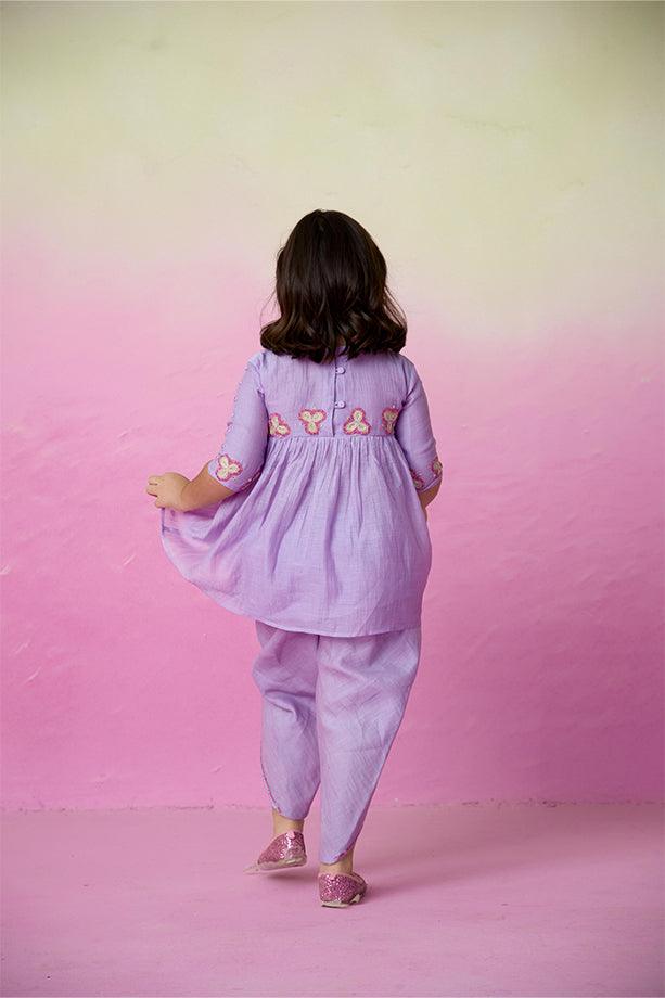 Whimsical Butterfly- Digital Lavender Hand Embroidered Kurta-Tulip Pants Set for Girls - Totdot