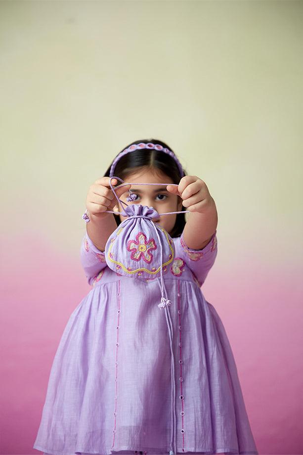 Whimsical Butterfly- Digital Lavender Hand Embroidered Kurta-Tulip Pants Set for Girls - Totdot