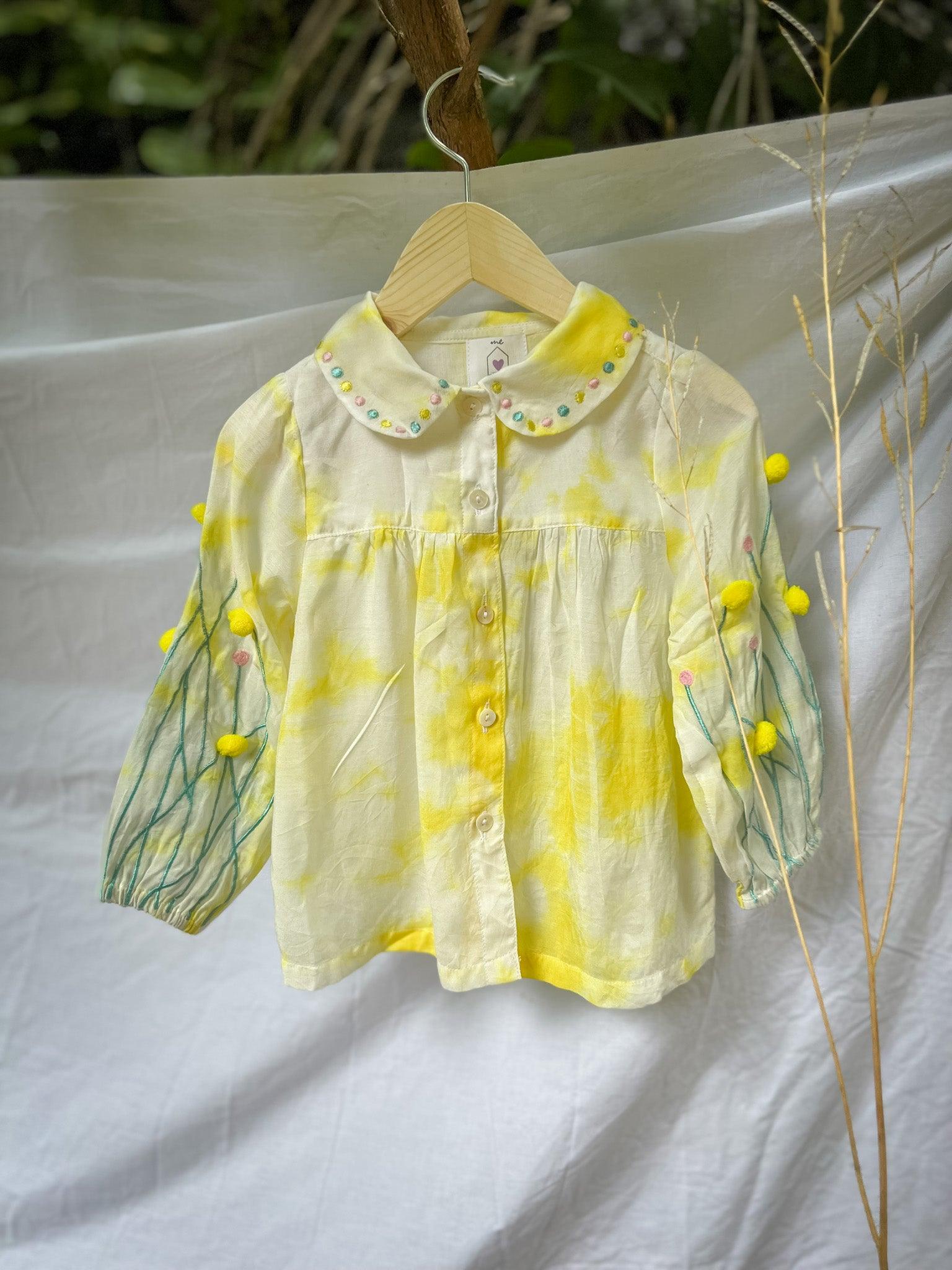 WHITE AND YELLOW TIE DYE POMPM TOP - Totdot