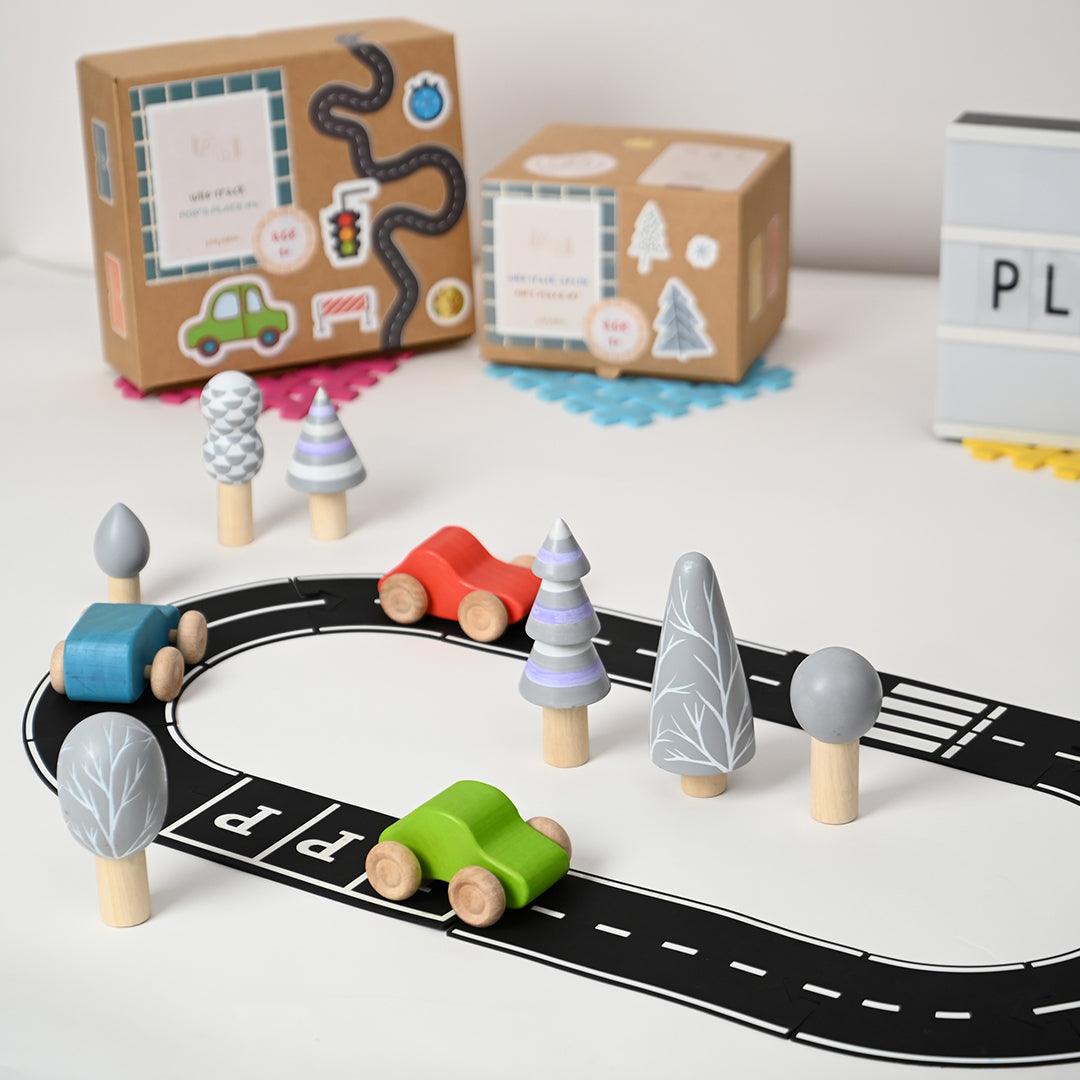 Wild Track -Wooden Playset Inclued Tracks, Trees and Cars - Wooden Toy, Arctic Set :- 12 Tracks, 5 Arctic Trees and 3 Cars, wild Track Wooden Playset for Toddlers - Totdot