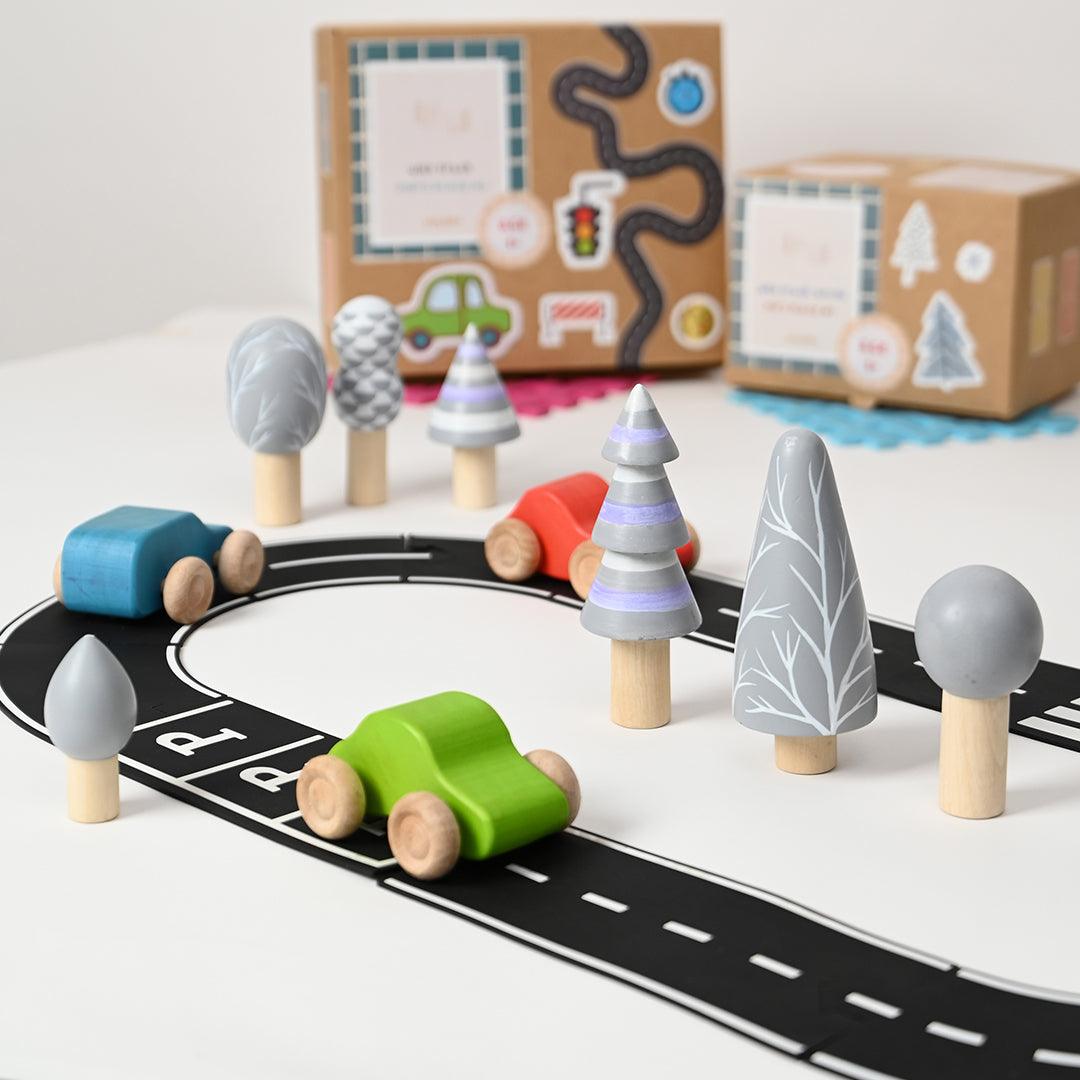 Wild Track -Wooden Playset Inclued Tracks, Trees and Cars - Wooden Toy, Arctic Set :- 12 Tracks, 5 Arctic Trees and 3 Cars, wild Track Wooden Playset for Toddlers - Totdot