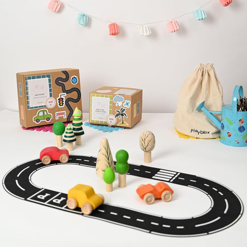 Wild Track -Wooden Playset Inclued Tracks, Trees and Cars - Wooden Toy, Tropical Set :- 12 Tracks, 5 Arctic Trees and 3 Cars, wild Track Wooden Playset for Toddlers - Totdot