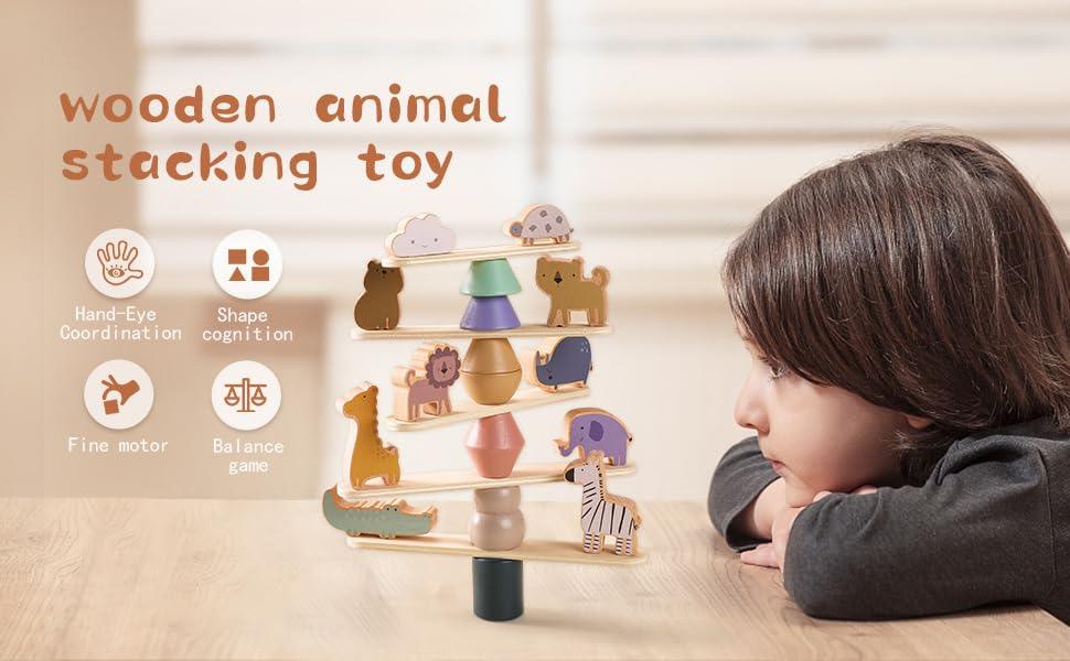 Wodden Zoo Tower | Balancing Activities Toy | Great Gift for Kids and Toddlers | Wooden animal stacking Toys - Totdot