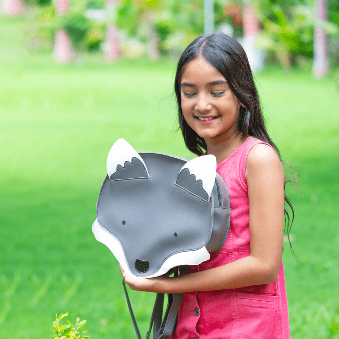 Wolfie Backpack for Kids | Vegan Leather | Grey Color | Velvet Lining - Totdot