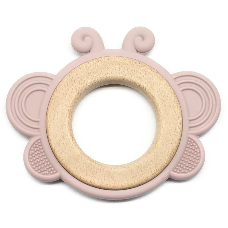 Wooden Butterfly Teether in Assorted Colours, Baby Teething Toys Silicone Teethers BPA Free Silicone Rudder with Wooden Ring Soothe Babies Gums - Totdot