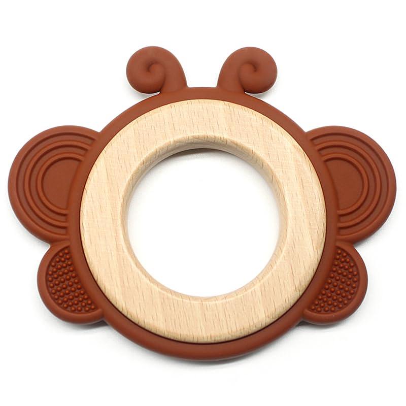 Wooden Butterfly Teether in Assorted Colours, Baby Teething Toys Silicone Teethers BPA Free Silicone Rudder with Wooden Ring Soothe Babies Gums - Totdot