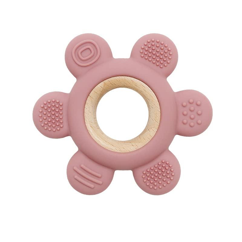 Wooden Flower Teether in Assorted Colours, Baby Teething Toys Silicone Teethers BPA Free Silicone Rudder with Wooden Ring Soothe Babies Gums - Totdot