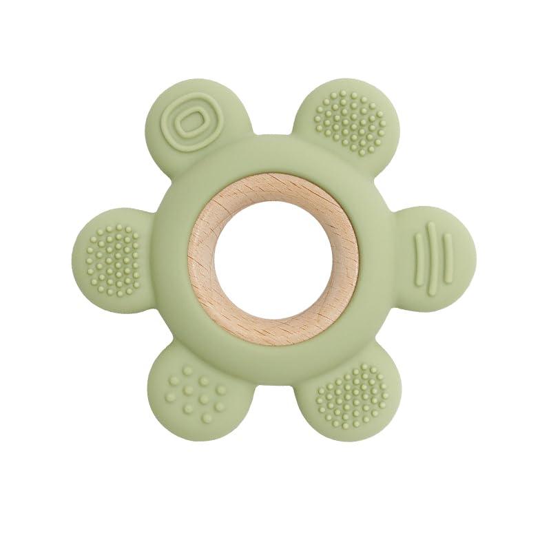 Wooden Flower Teether in Assorted Colours, Baby Teething Toys Silicone Teethers BPA Free Silicone Rudder with Wooden Ring Soothe Babies Gums - Totdot