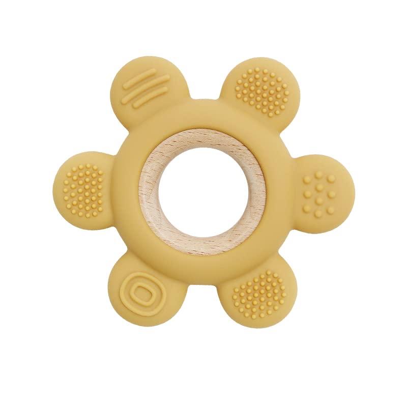 Wooden Flower Teether in Assorted Colours, Baby Teething Toys Silicone Teethers BPA Free Silicone Rudder with Wooden Ring Soothe Babies Gums - Totdot