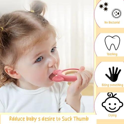 Wooden Flower Teether in Assorted Colours, Baby Teething Toys Silicone Teethers BPA Free Silicone Rudder with Wooden Ring Soothe Babies Gums - Totdot