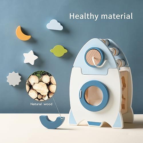 Wooden Spaceship Rocket Activity Cube, Space Busy Board Toys, 5 in 1 Shape Sorter Games | Sorting & Stacking Toy - Totdot