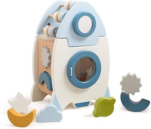 Wooden Spaceship Rocket Activity Cube, Space Busy Board Toys, 5 in 1 Shape Sorter Games | Sorting & Stacking Toy - Totdot