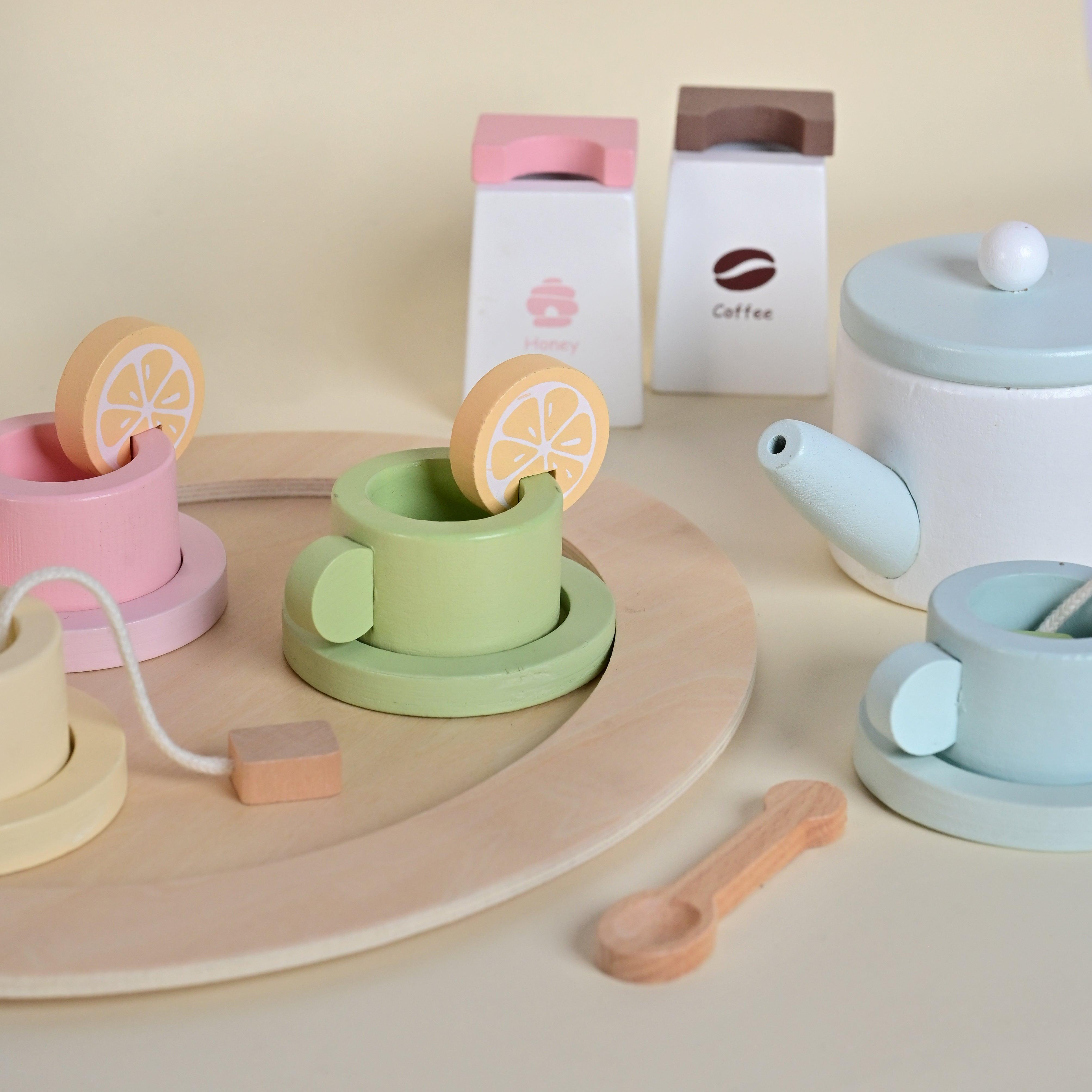 Wooden Tea Set for kids | Tea Party Set for Toddlers 20pcs Playset Pretend Play Tea Set Toy |Tea Set Accessories for Kids Tea Party with Kitchen Play Food - Totdot