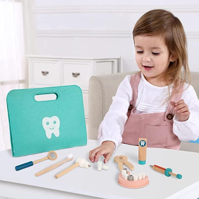Wooden Tiny Teeth Doctor Kit Dentist Toys for Kids | Pretend Play Toys Medical Kit |17 PCS Dentist Game Toys for Boys & Girls Age 1 Year+ - Totdot