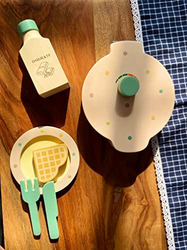 Wooden Waffle Maker -Sweet Treat Toddler & Kids Pretend Play Cooking Toy Set | Imagination and Creativity for 1 Year + (Beige) - Totdot