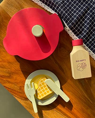 Wooden Waffle Maker - Sweet Treat Toddler & Kids Pretend Play Cooking Toy Set | Imagination and Creativity for 1 Year + (Pink Color) - Totdot