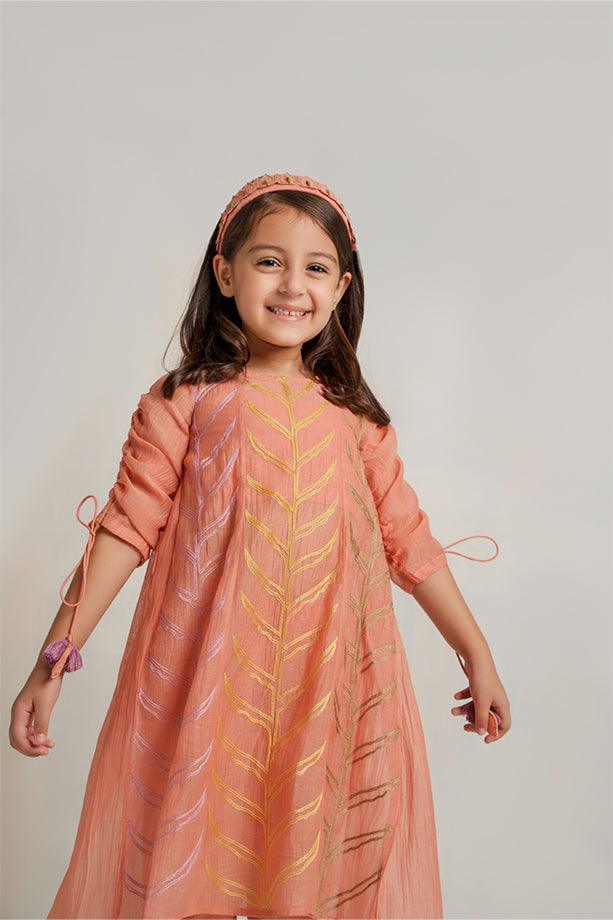 Yankee Doodle- Peach Chanderi Silk Hand Embroidered Flared Top & Tulip Pants Set for Girls - Totdot