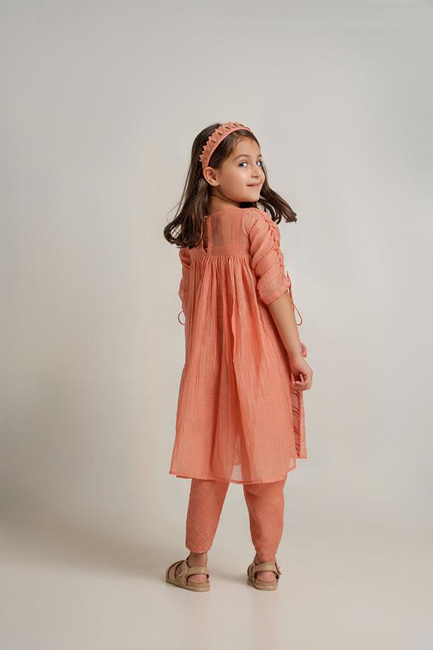 Yankee Doodle- Peach Chanderi Silk Hand Embroidered Flared Top & Tulip Pants Set for Girls - Totdot