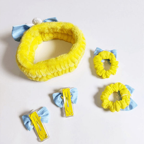 Yellow and Blue Hair Band, Clip and Hair Tie set - Totdot