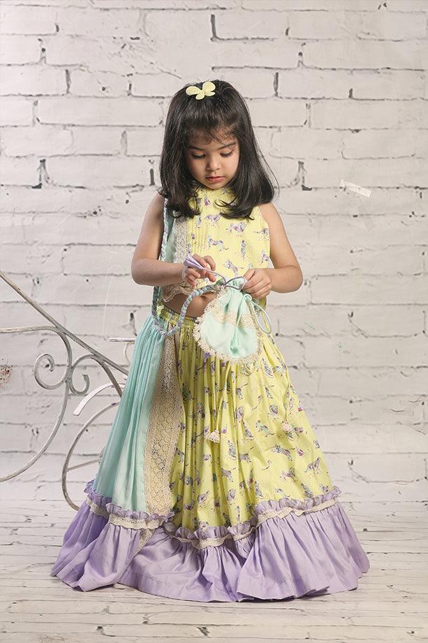 Yellow Animal Print Frilled Lehenga with Blouse and Potli bag Set for Girls - Totdot