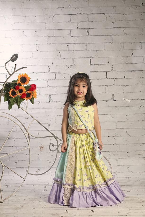 Yellow Animal Print Frilled Lehenga with Blouse and Potli bag Set for Girls - Totdot