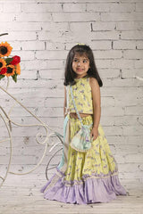 Yellow Animal Print Frilled Lehenga with Blouse and Potli bag Set for Girls - Totdot