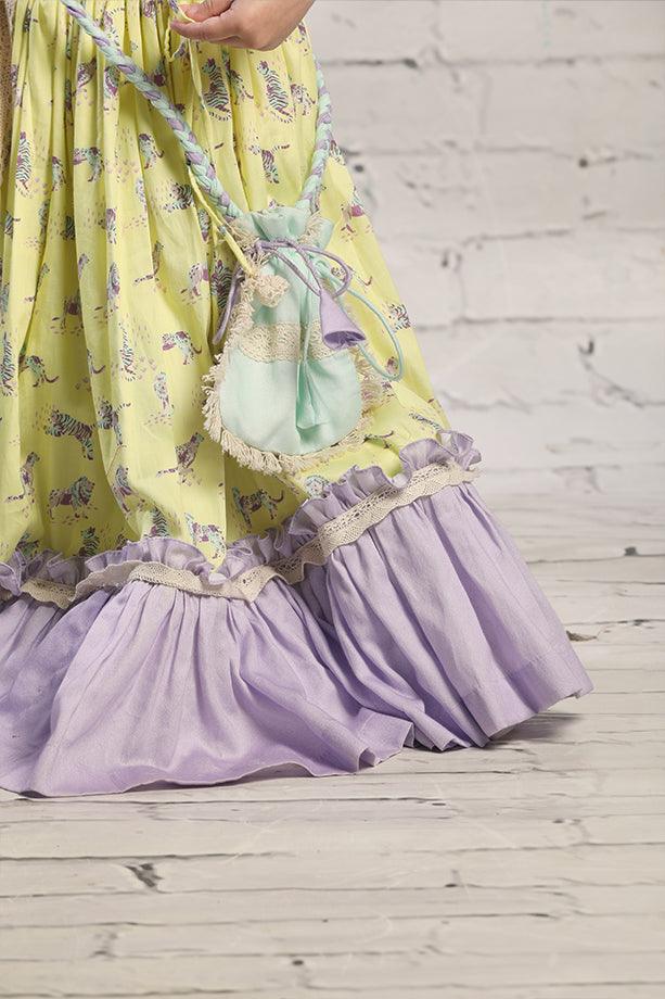 Yellow Animal Print Frilled Lehenga with Blouse and Potli bag Set for Girls - Totdot