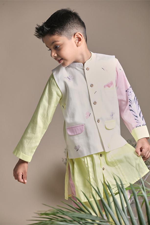 Yellow Buttefly Print Bandi Long Kurta and Pink & Yellow Pants Set for Boys - Totdot