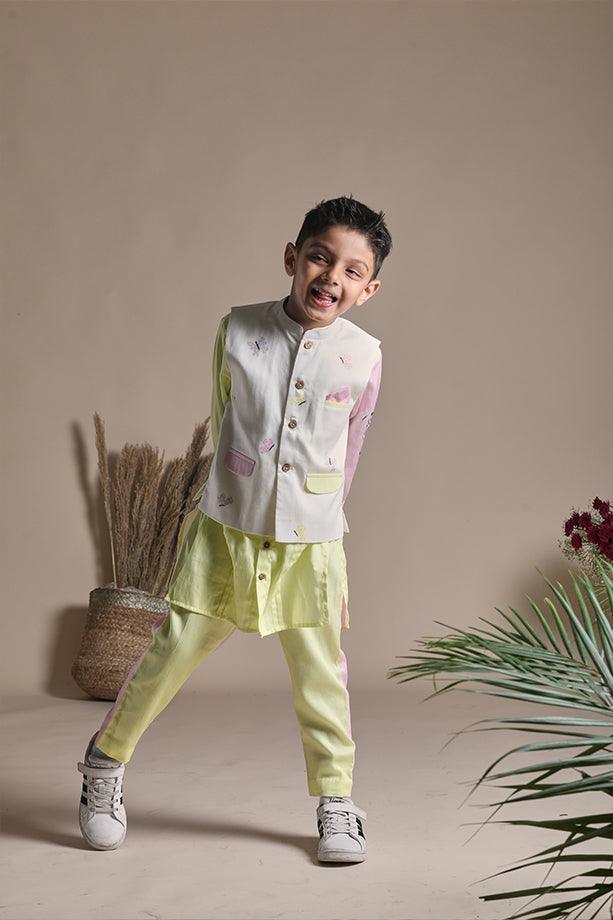 Yellow Buttefly Print Bandi Long Kurta and Pink & Yellow Pants Set for Boys - Totdot