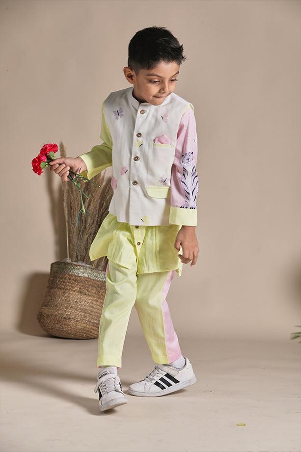 Yellow Buttefly Print Bandi Long Kurta and Pink & Yellow Pants Set for Boys - Totdot