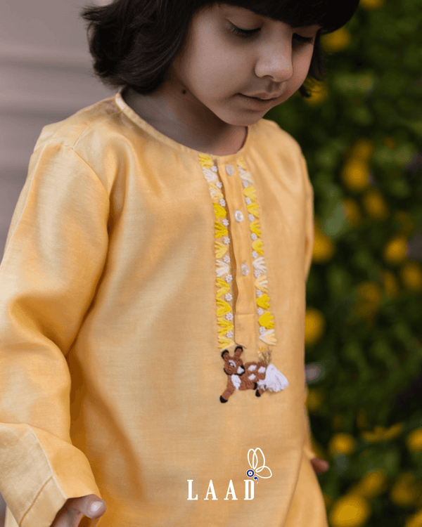 Yellow Chanderi Hand-Embroidered Kurta Set for Boys - Totdot