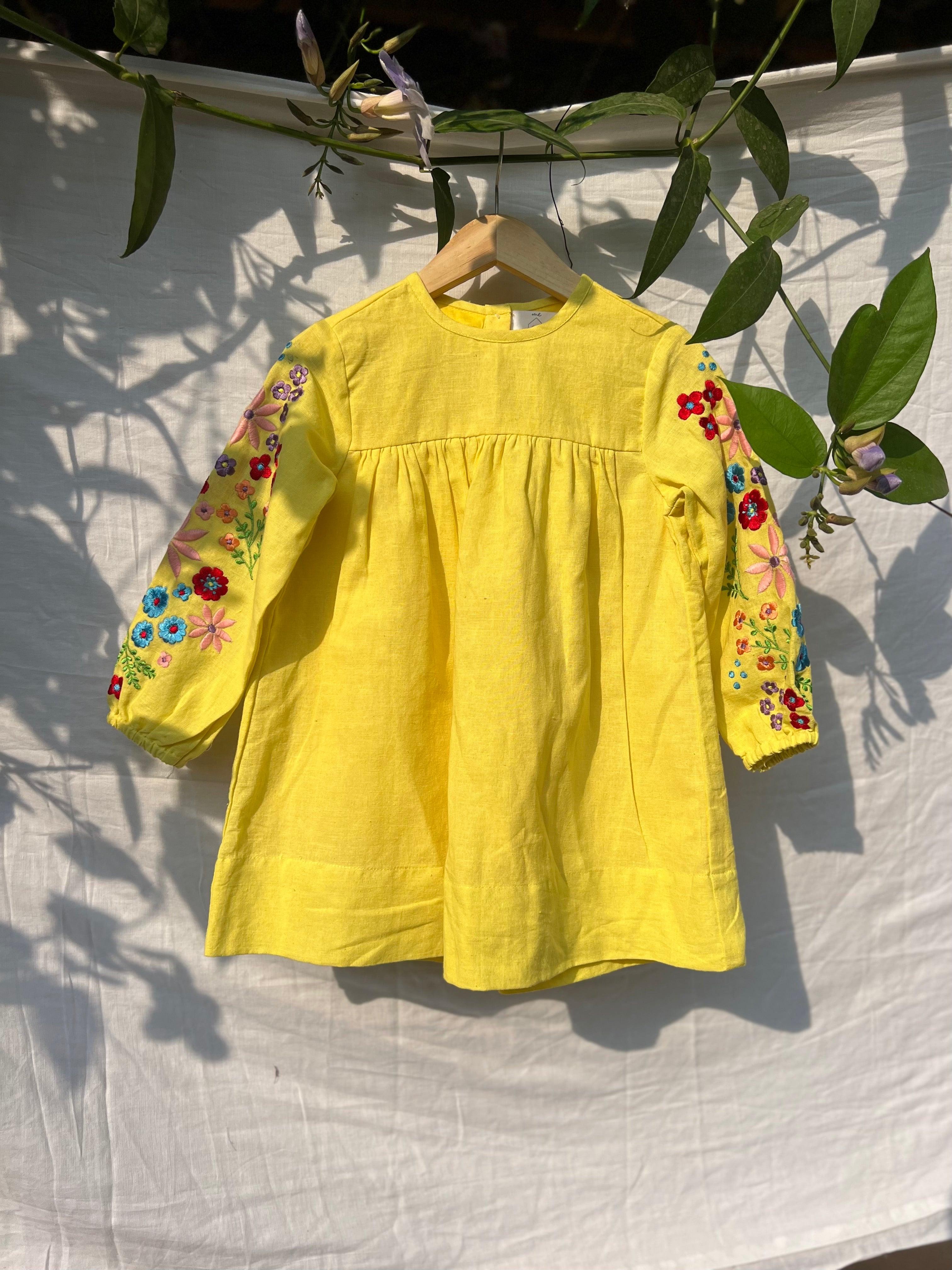 YELLOW EMBROIDERED GATHERED DRESS - Totdot