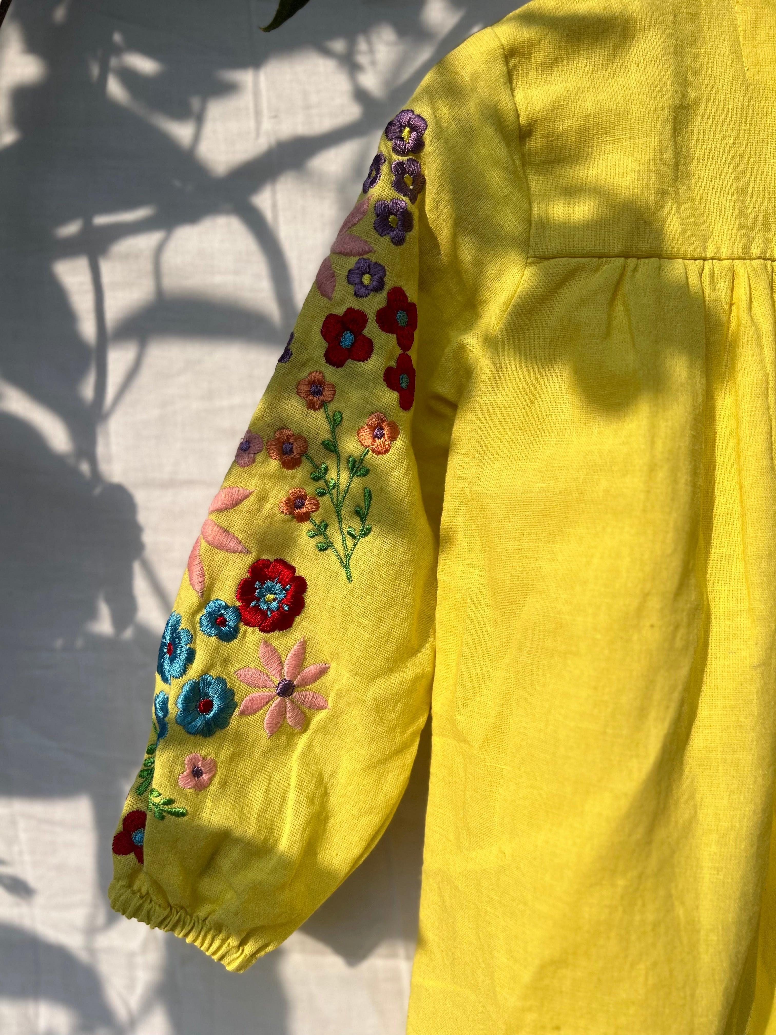 YELLOW EMBROIDERED GATHERED DRESS - Totdot