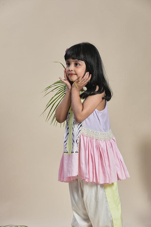 Yellow, Lavender and Pink Frilled A-line Kurta and Off-White Salwar Set for Girls - Totdot