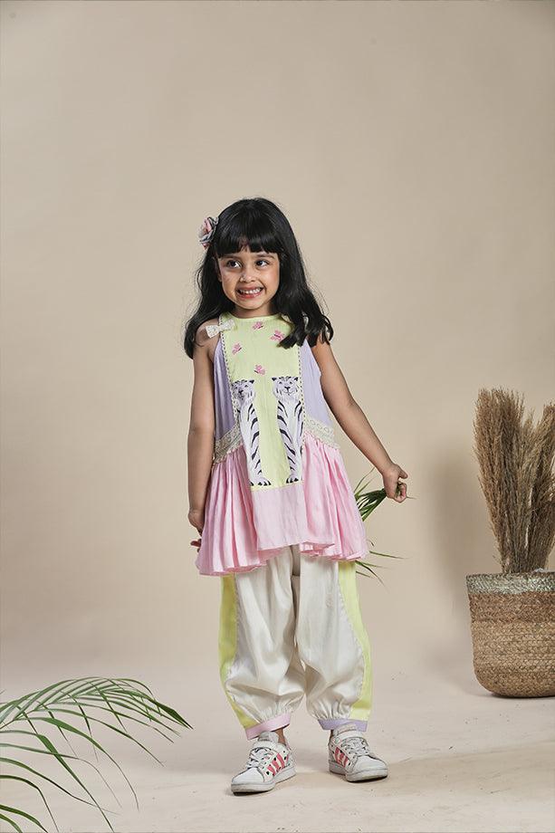 Yellow, Lavender and Pink Frilled A-line Kurta and Off-White Salwar Set for Girls - Totdot