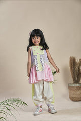 Yellow, Lavender and Pink Frilled A-line Kurta and Off-White Salwar Set for Girls - Totdot