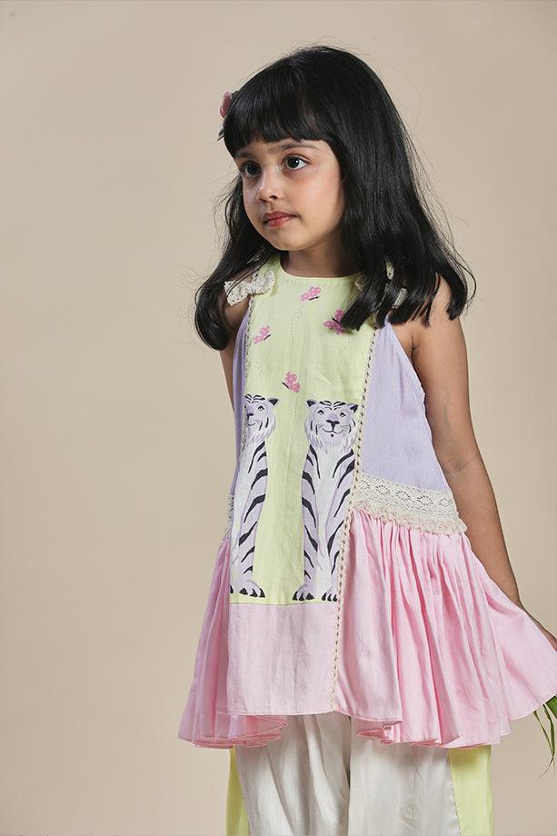 Yellow, Lavender and Pink Frilled A-line Kurta and Off-White Salwar Set for Girls - Totdot