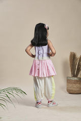 Yellow, Lavender and Pink Frilled A-line Kurta and Off-White Salwar Set for Girls - Totdot