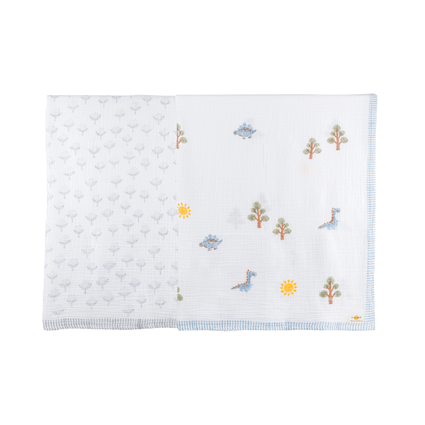 A Day With Dinos+Cotton Cheer Grey Organic Muslin Swaddle (Hand-Block Printed) (Set Of 2) - Totdot