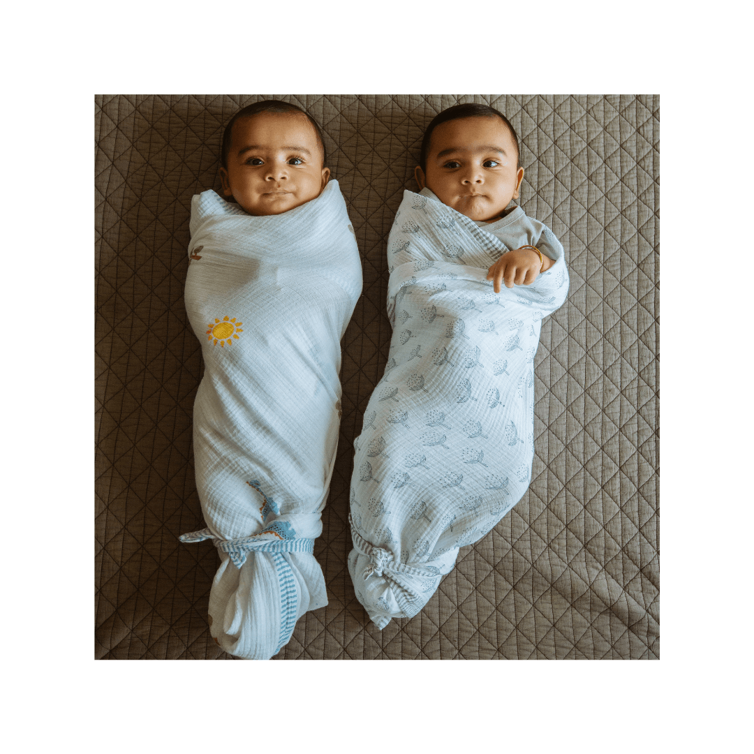 A Day With Dinos+Cotton Cheer Grey Organic Muslin Swaddle (Hand-Block Printed) (Set Of 2) - Totdot