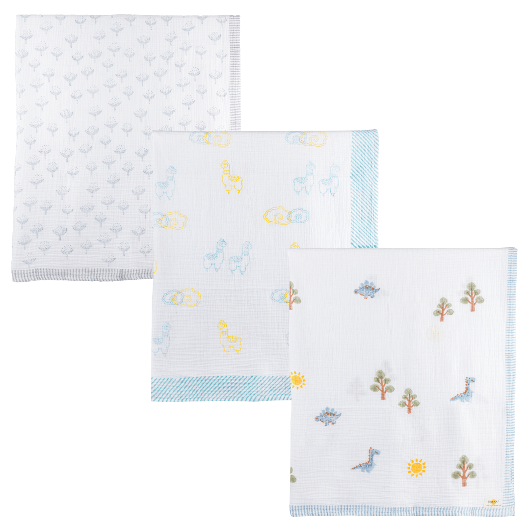 A Day With Dinos+Llama Love+Cotton Cheer Grey Organic Muslin Swaddle (Hand-Block Printed) (Set Of 3) - Totdot