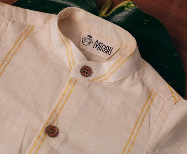 Alok- Boys Hand-loomed Cotton Cream Shirt with Golden Kasavu - Totdot