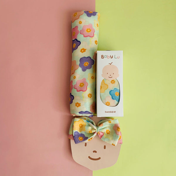 Bamboo Muslin Swaddle + Head Wrap Set for Babies - Floral - Totdot