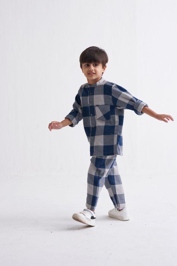 Band Collar Shirt Co-Ord - Navy Checks - Totdot