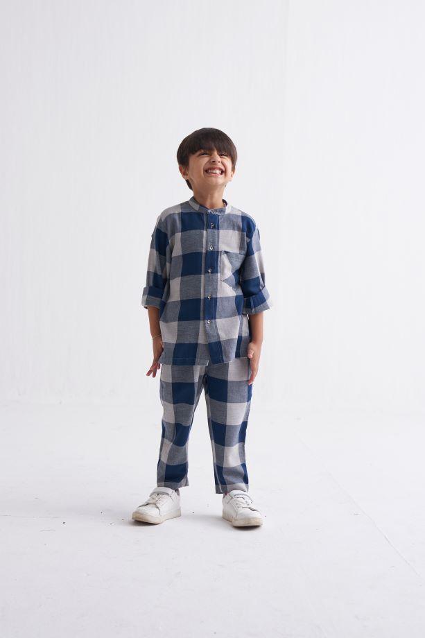 Band Collar Shirt Co-Ord - Navy Checks - Totdot