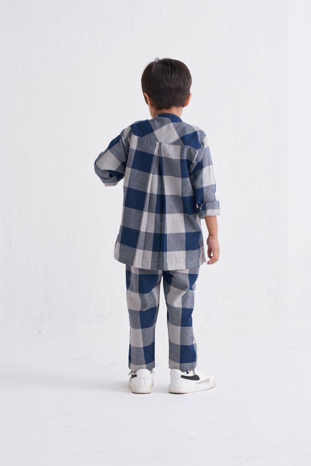 Band Collar Shirt Co-Ord - Navy Checks - Totdot