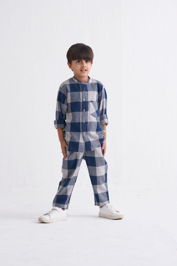 Band Collar Shirt Co-Ord - Navy Checks - Totdot