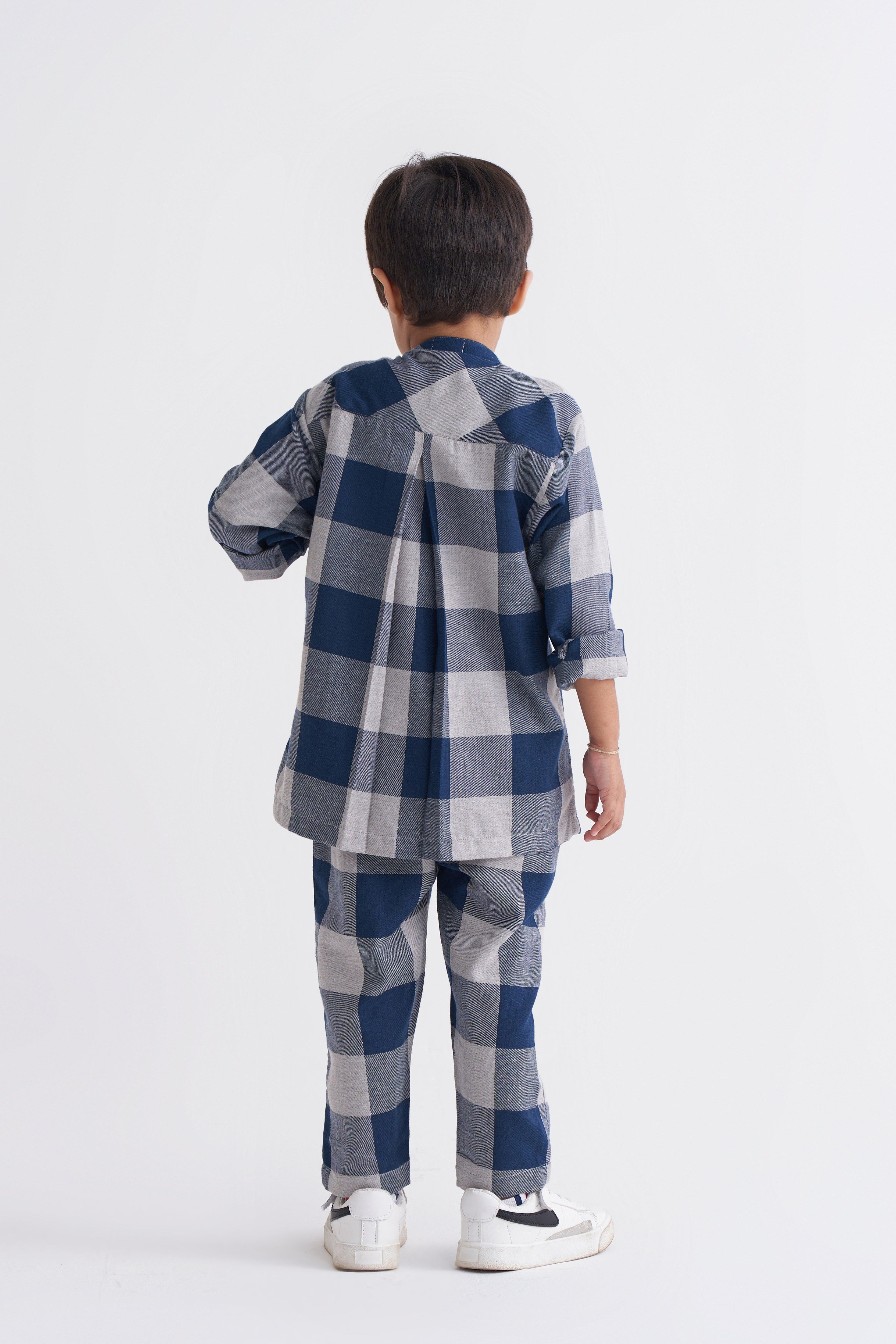 Band Collar Shirt - Navy Check - Totdot